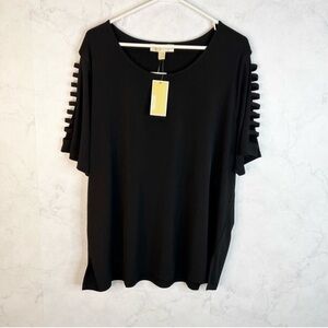 Michael Kors Black Short Sleeve Top with Ladder Sleeve Detail